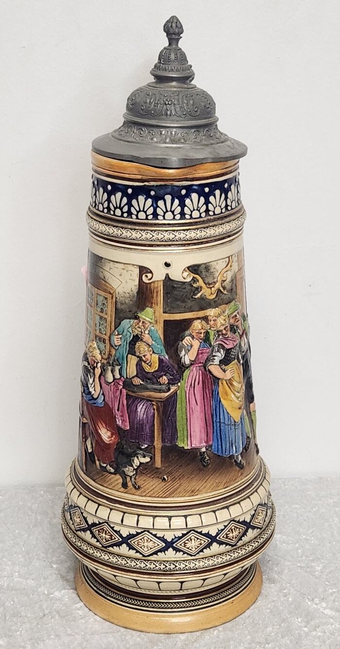 Vintage German Stoneware Beer Stein w Pewter Lid-Tall 17.5"